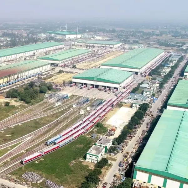 Modern Coach Factory Raebareli — aerial view of India's advanced LHB coach manufacturing plant, Rae Bareli